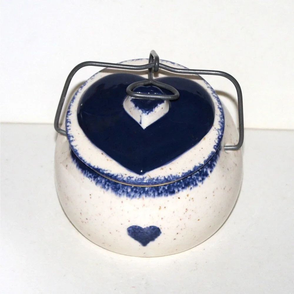 Crock w Locking Lid Tilted Blue Heart canister ceramic farmhouse kitchen decor